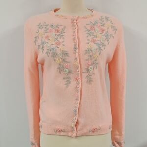 Vintage 1950s Lambswool Beaded Pale Pink Cardigan Sweater